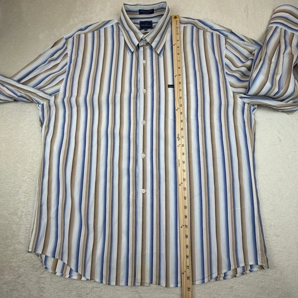 Faconnable Mens XXL‎ Blue/Tan/White Striped Long Sleeve Button Down Cotton Shirt